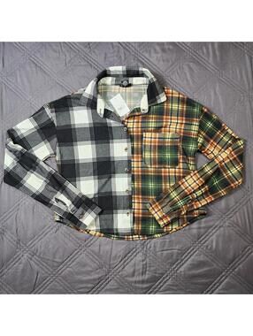 Rue21 Women’s Flannel Cut Off Crop Top Black White Green Long Sleeve Size XS